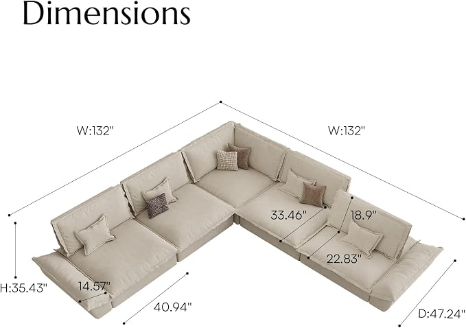 POVISON Hudson 144'' Oversized Modular Sectional Sofa, 5 Seater, Beige