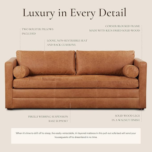 POLY & BARK Napa 82" Leather Pull‑Out Sleeper Sofa – Full‑Grain Italian Leather Upholstery,Tri‑Layer Mattress & Storage Console –Sophisticated...