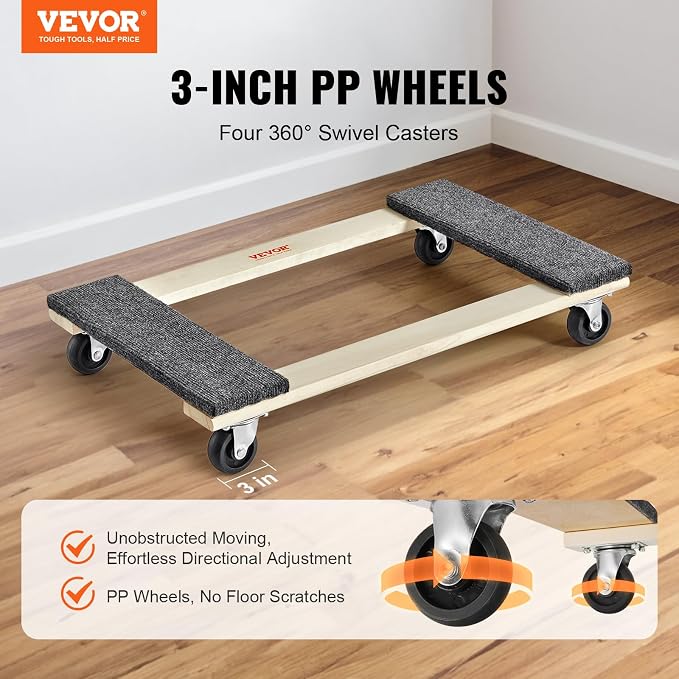 VEVOR Furniture Dolly, 1000 lbs Load Capacity, 18" x 30", 4 x 3 PP Swivel Casters, Heavy Duty Hardwood Furniture Moving Dolly, Mover's Dolly, Moving Cart with Wheels for Heavy Furniture, 1 Pack