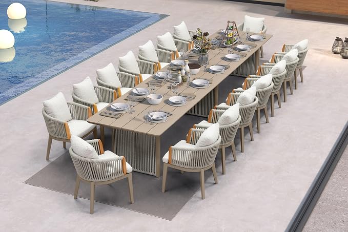 PURPLE LEAF Outdoor Dining Set Luxury 17-Piece Olefin Fabric Teak Arm Beige | Large Gathering Party, Contemporary Premium Look, Fade-Resistant Olefin Fabric...
