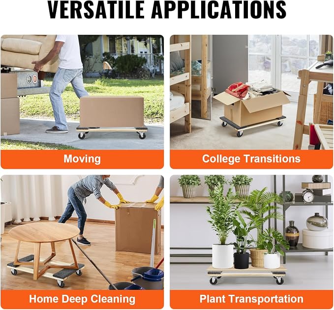VEVOR Furniture Dolly, 1000 lbs Load Capacity, 18" x 30", 4 x 3 PP Swivel Casters, Heavy Duty Hardwood Furniture Moving Dolly, Mover's Dolly, Moving Cart with Wheels for Heavy Furniture, 1 Pack