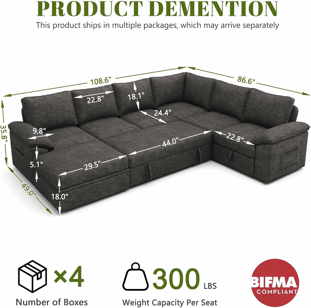 108'' Modular Sectional , Sley | U Shaped 7 Seat Sectional Couches for Living RoomMoCouch...108'' Modular Sectional Sofa with Pull Out Bed, Sleeper Sofa, Dark Gray | U Shaped 7 Seat Sectional Couches for Living Room, Cloud Modular Couch...