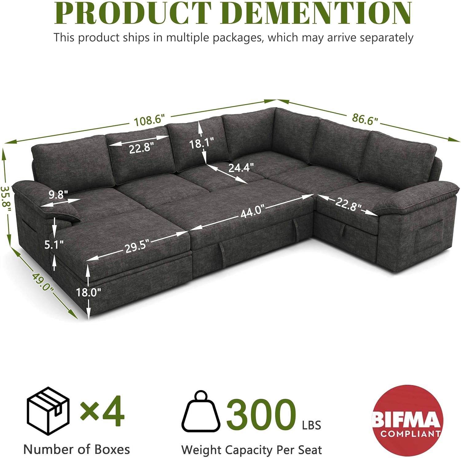 108'' Modular Sectional , Sley | U Shaped 7 Seat Sectional Couches for Living RoomMoCouch...108'' Modular Sectional Sofa with Pull Out Bed, Sleeper Sofa, Dark Gray | U Shaped 7 Seat Sectional Couches for Living Room, Cloud Modular Couch...