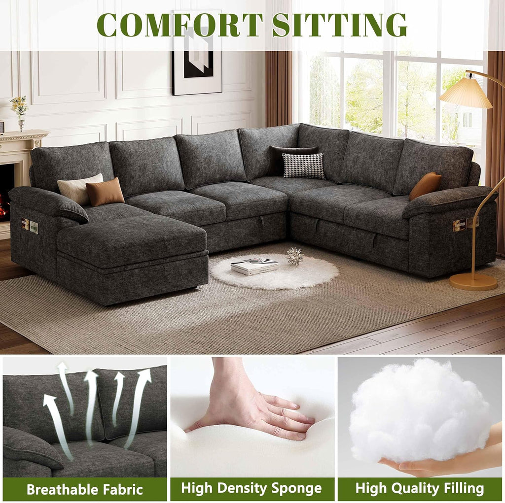 108'' Modular Sectional , Sley | U Shaped 7 Seat Sectional Couches for Living RoomMoCouch...108'' Modular Sectional Sofa with Pull Out Bed, Sleeper Sofa, Dark Gray | U Shaped 7 Seat Sectional Couches for Living Room, Cloud Modular Couch...