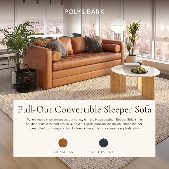 POLY & BARK Napa 82" Leather Pull‑Out Sleeper Sofa – Full‑Grain Italian Leather Upholstery,Tri‑Layer Mattress & Storage Console –Sophisticated...