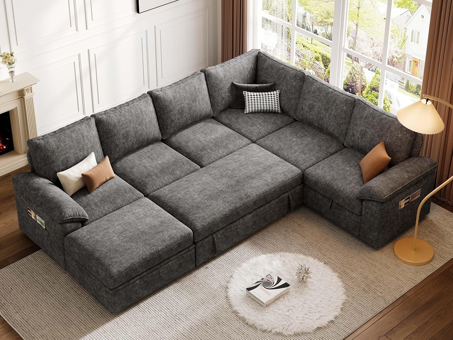 108'' Modular Sectional , Sley | U Shaped 7 Seat Sectional Couches for Living RoomMoCouch...108'' Modular Sectional Sofa with Pull Out Bed, Sleeper Sofa, Dark Gray | U Shaped 7 Seat Sectional Couches for Living Room, Cloud Modular Couch...