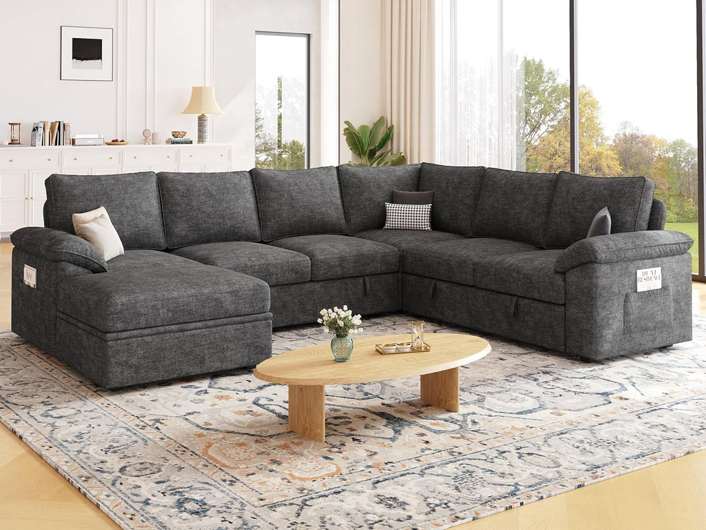 108'' Modular Sectional , Sley | U Shaped 7 Seat Sectional Couches for Living RoomMoCouch...108'' Modular Sectional Sofa with Pull Out Bed, Sleeper Sofa, Dark Gray | U Shaped 7 Seat Sectional Couches for Living Room, Cloud Modular Couch...