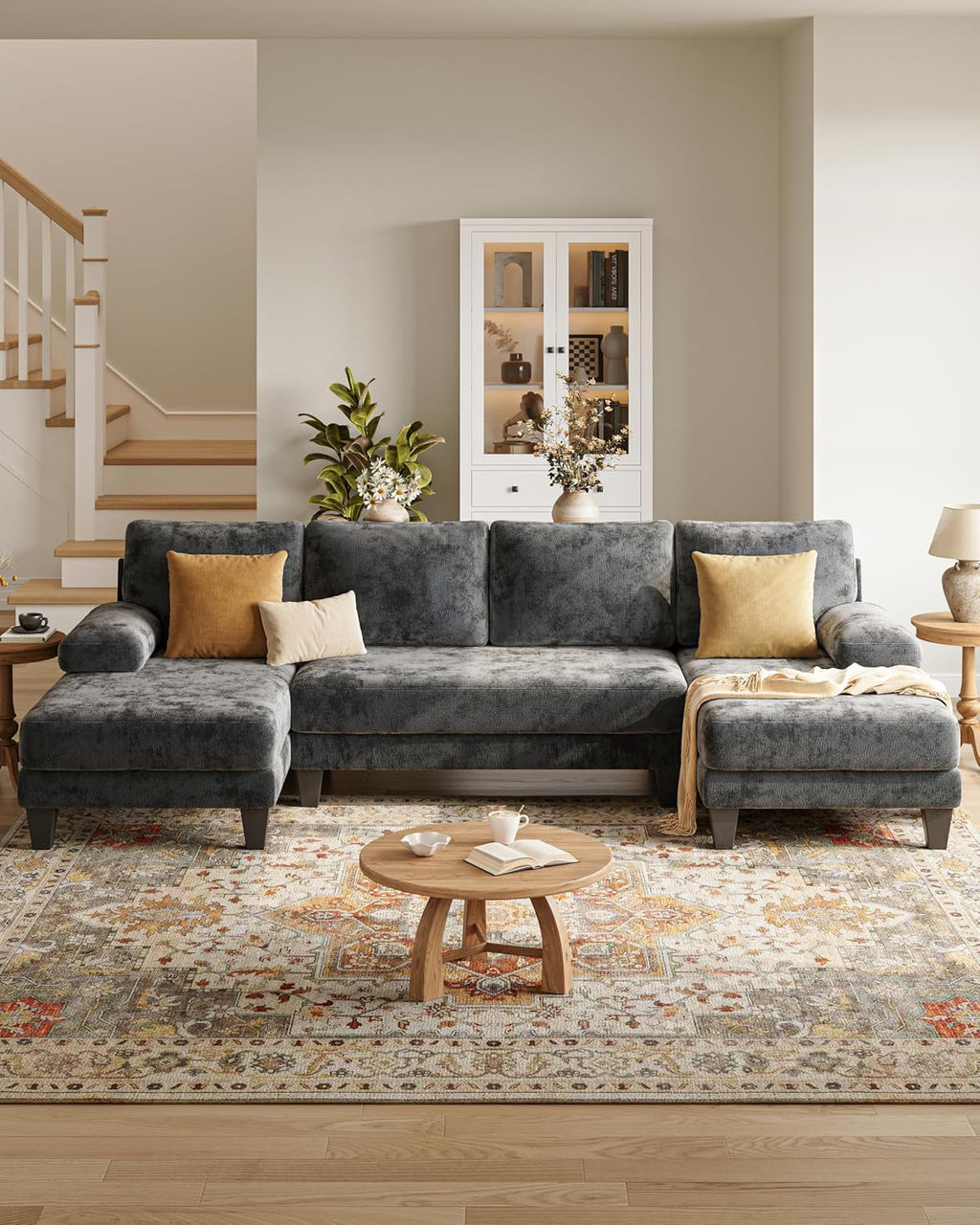 TROMIRY U-Shaped Sectional Couches for Living Room | 112 Inch Modern Sectional Couch | Dark Grey Chenille Sofa with Double Chaise for Apartment