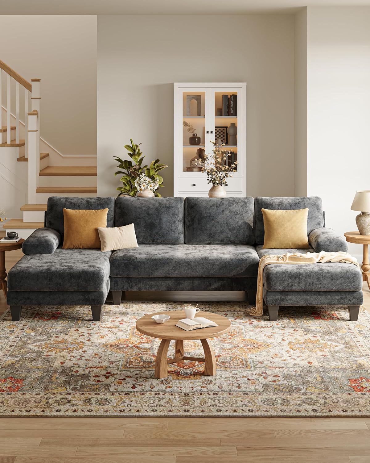 TROMIRY U-Shaped Sectional Couches for Living Room | 112 Inch Modern Sectional Couch | Dark Grey Chenille Sofa with Double Chaise for Apartment
