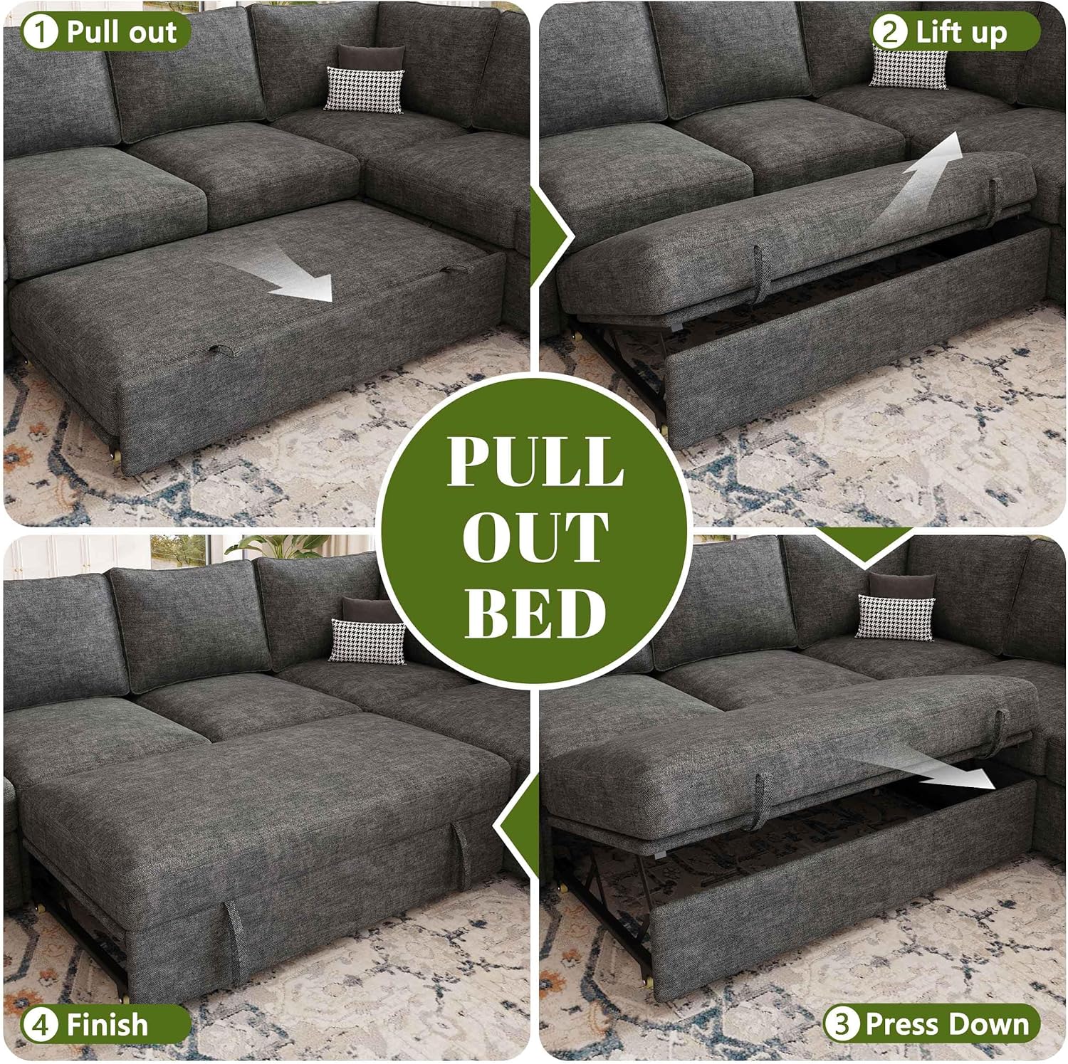 108'' Modular Sectional , Sley | U Shaped 7 Seat Sectional Couches for Living RoomMoCouch...108'' Modular Sectional Sofa with Pull Out Bed, Sleeper Sofa, Dark Gray | U Shaped 7 Seat Sectional Couches for Living Room, Cloud Modular Couch...