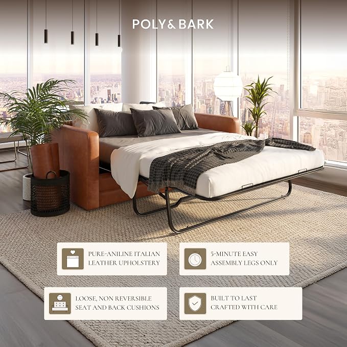 POLY & BARK Napa 82" Leather Pull‑Out Sleeper Sofa – Full‑Grain Italian Leather Upholstery,Tri‑Layer Mattress & Storage Console –Sophisticated...